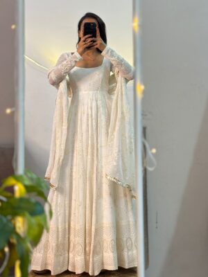 White anarkali gown duppata with pant